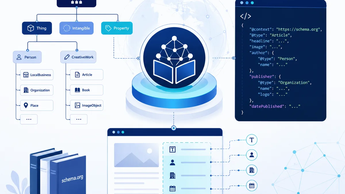 Schema.org类型层级、属性词汇和JSON-LD网页标记关系示意图